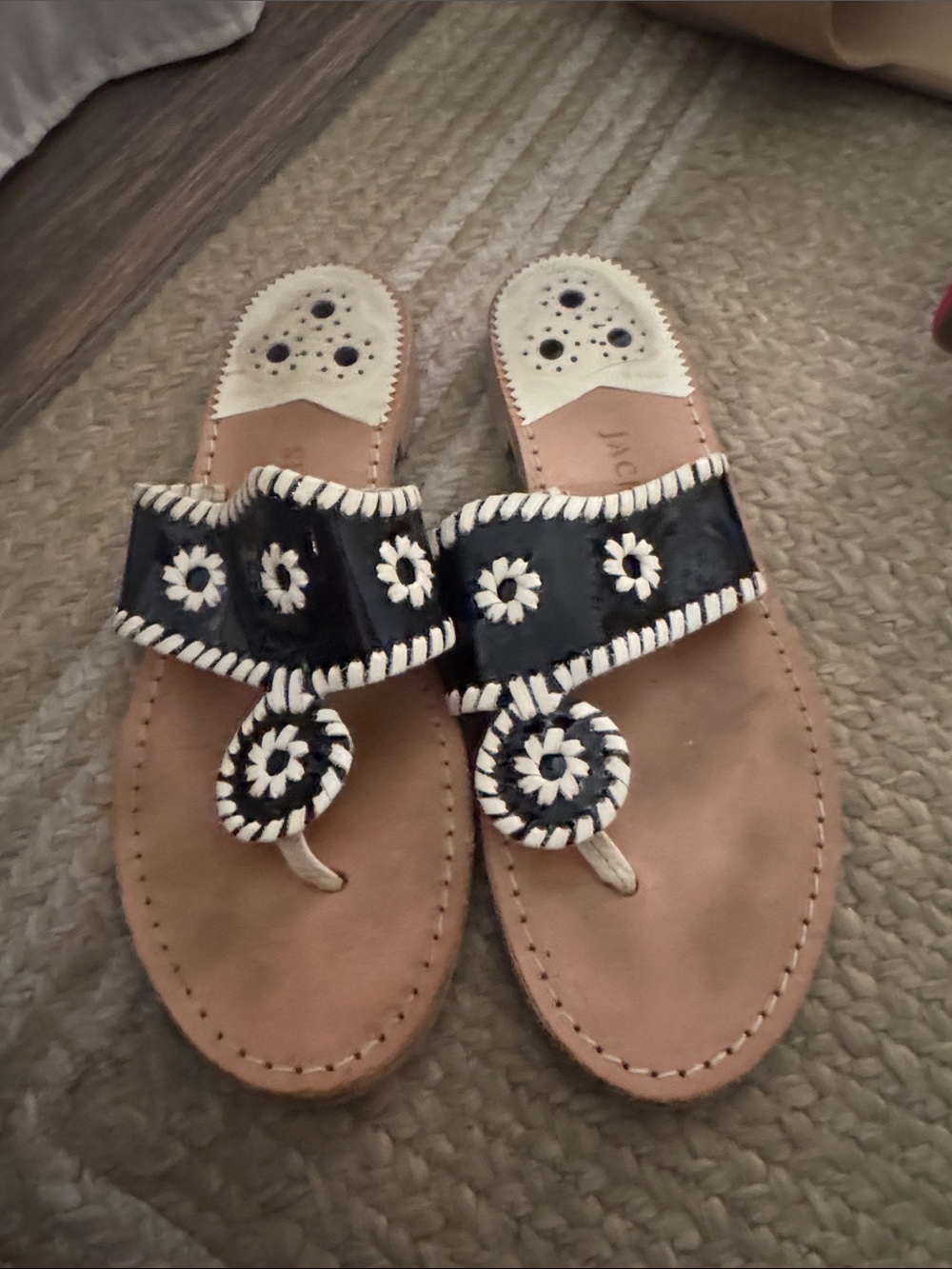 Jack Rogers Black and Tan Floral Whipstitch Thong Sandals